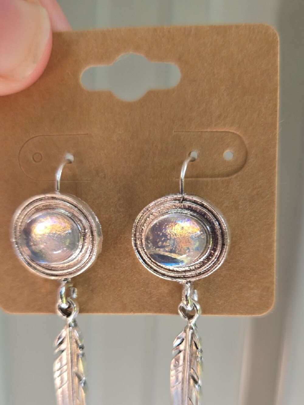 Silver Feather Drop Earrings with Iridescent Stones - Picture 3 of 3